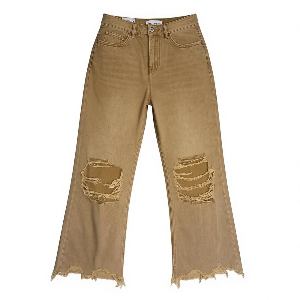 NWT 90s High Rise Wide Leg Distressed Jeans Camel Tan Raw Hem 100% Cotton